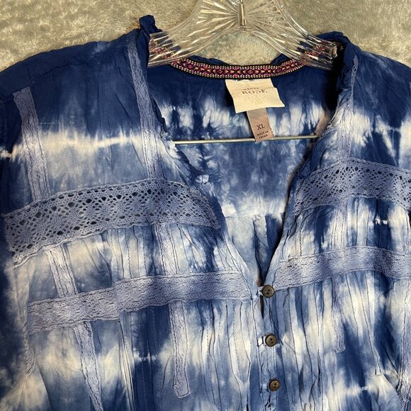 Knox Rose Women Beachy Boho Chic Crochet Detail Tie Dye Popover Shirt XL Blue - Picture 4 of 8